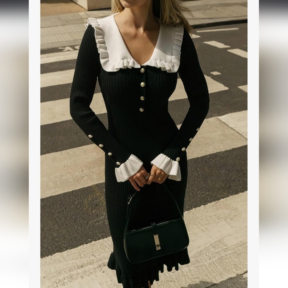 Chic Black and White Long Sleeve Dress - Picture 5 of 16